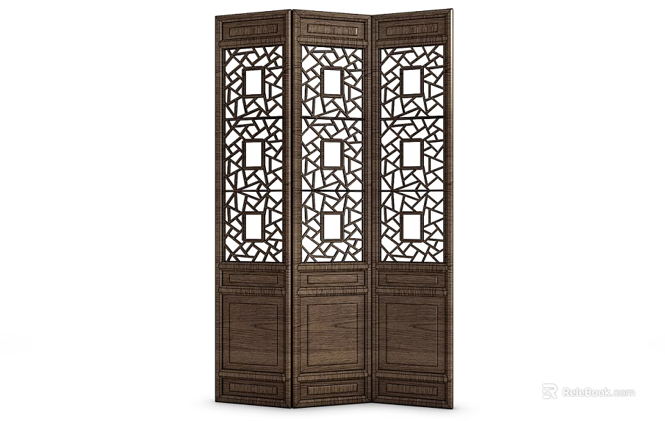 Traditional Wooden Three Panel Room Divider With Carved Geometric Patterns 3d model
