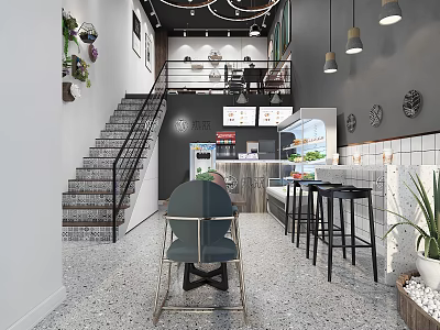 Modern Cafe Interior Design With Staircase Pendant Lights Bar Counter And Green Plants 3d model