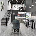 Modern Cafe Interior Design With Staircase Pendant Lights Bar Counter And Green Plants