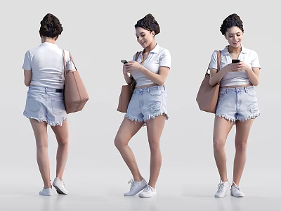 Woman Wearing White T-shirt Blue Denim Shorts Holding Phone Carrying Brown Bag And White Sneakers 3d model