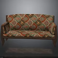 Vintage Sofa Upholstered With Intricate Colorful Pattern And Wooden Frame