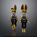 Two Cartoon Fox Characters With Big Ears Yellow Spots Vest Black Pants And White Gloves