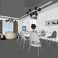 Modern Open Kitchen Restaurant Interior With Dining Table Chairs And Pendant Lights 3d model