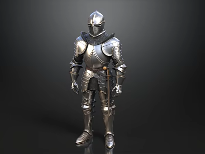 Medieval Knight Armor In Silver Metal Standing On Black Background 3d model