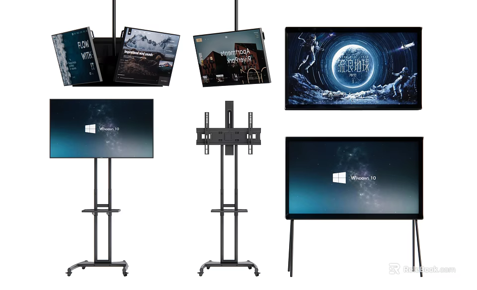 Modern Flat Screen TVs With Hanging Mounts And Floor Stand Displays 3d model 