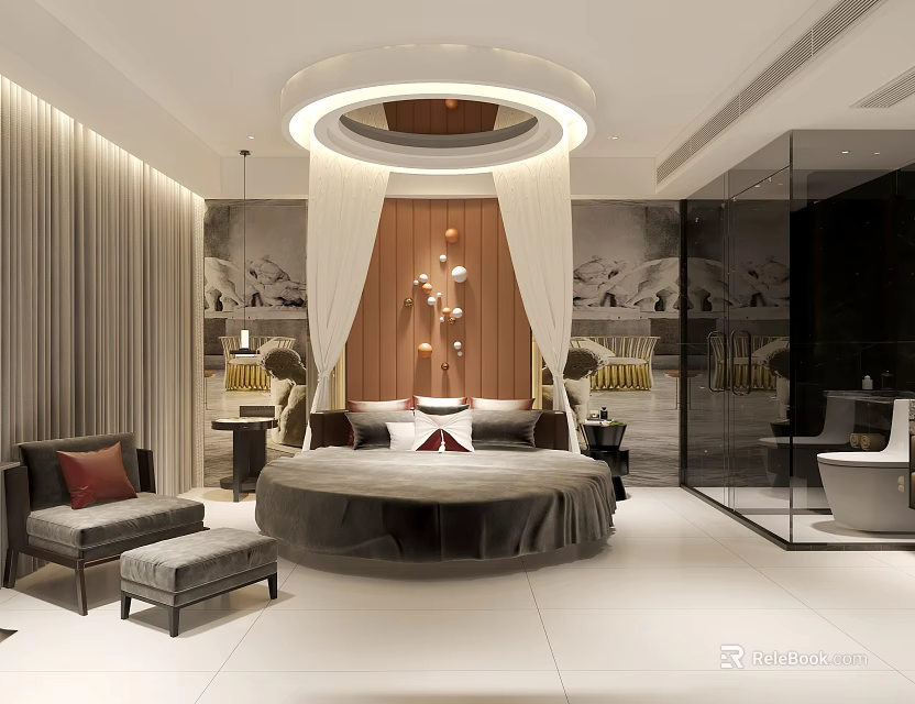 Luxury Hotel Guest Room With Round Bed Modern Design And Wooden Accent Wall 3d model 