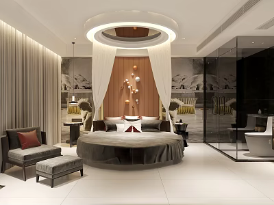 Luxury Hotel Guest Room With Round Bed Modern Design And Wooden Accent Wall 3d model