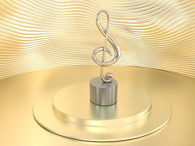 Silver Musical Note Shaped Trophy On Golden Wavy Background With Circular Base 3d model