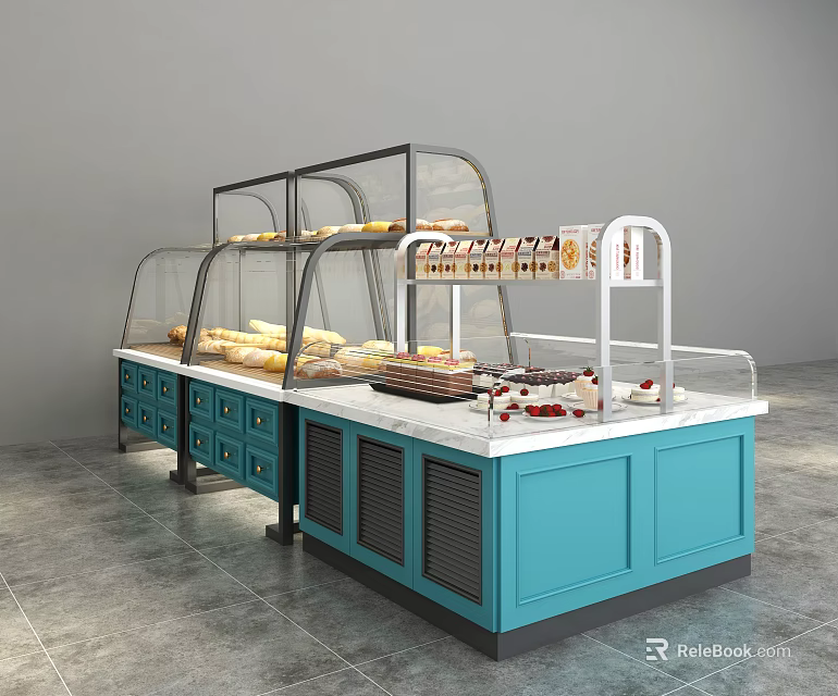 Turquoise Bakery Display Shelf With Glass Cover Marble Countertop And Bread 3d model 