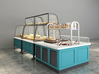 Turquoise Bakery Display Shelf With Glass Cover Marble Countertop And Bread 3d model