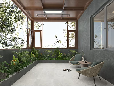 Modern Villa Balcony With Lush Plants Cozy Chairs And Natural Light 3d model