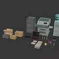 Office Workspace Components With Filing Cabinet Printer Water Dispenser And Cardboard Boxes