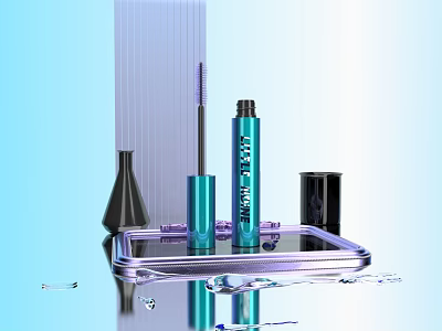 Glossy Modern Perfume Cosmetics With Blue Mascara Bottle And Black Container On Transparent Tray 3d model