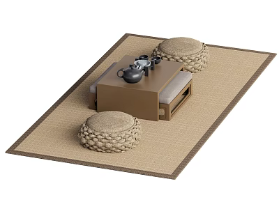 Traditional Tea Table and Chairs with Woven Stools and Tea Set on Natural Rug 3d model