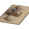 Traditional Tea Table and Chairs with Woven Stools and Tea Set on Natural Rug
