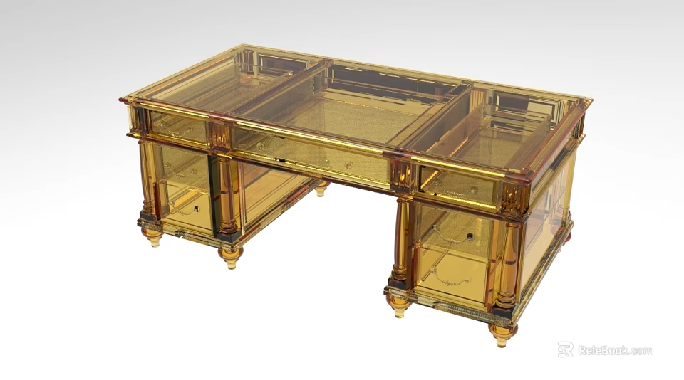 Transparent Glass Office Desk With Golden Legs And Drawer Storage Design 3d model 
