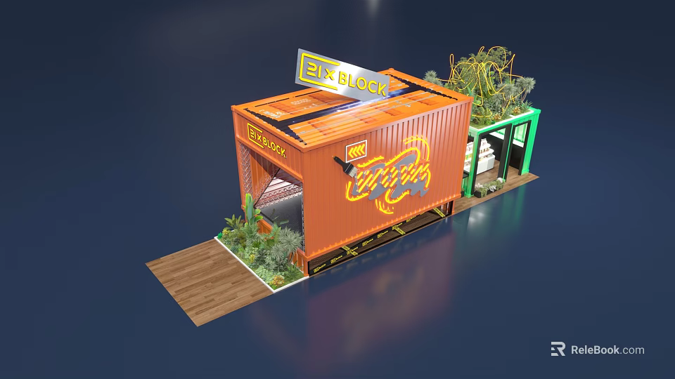 Orange Container Building Design With EN BLOC Sign Wooden Platform And Plants 3d model 