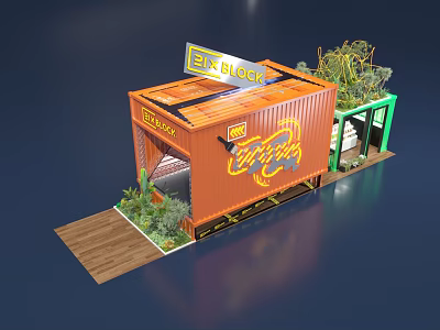 Orange Container Building Design With EN BLOC Sign Wooden Platform And Plants 3d model