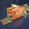 Orange Container Building Design With EN BLOC Sign Wooden Platform And Plants