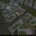 Modern Office Buildings Featuring Curved Design Near Waterfront Greenery Trees and Adjacent Roads