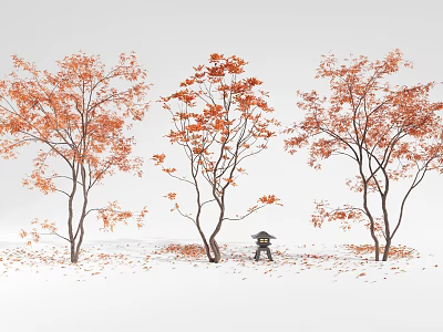 Deciduous Trees With Orange Red Leaves On Snow Covered Ground And Small Stone Lantern 3d model