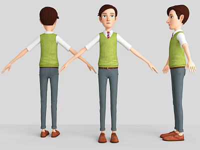 Cartoon Man Character In Green Vest White Shirt Red Tie Gray Pants Brown Shoes 3d model