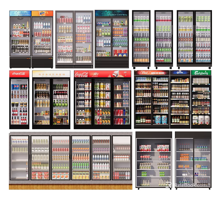 Commercial Refrigerators And Freezers Stocked With Various Beverages For Retail 3d model 