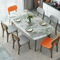 Rectangular Dining Table Set with Marble Top Orange Gray Chairs and Tableware 3d model