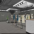 Modern Industrial Clothing Store Interior With Metal Racks Wooden Floor Hanging Lights And Plant Decor