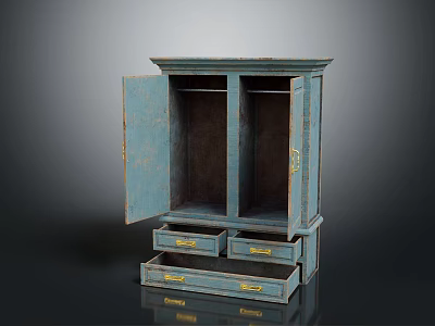 Vintage Blue Storage Cabinet With Open Double Doors And Drawers Gold Handles 3d model