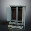 Vintage Blue Storage Cabinet With Open Double Doors And Drawers Gold Handles