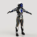 Game Movie Character In Blue Gold Gray Spacesuit With Helmet Armor And Arms Outstretched