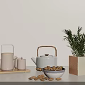 Minimalist Tea Set With Teapot Cups Wooden Tray Almonds And Rosemary