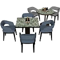 Modern Table and Chair Set with Patterned Top and Blue Upholstered Seats 3d model