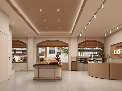 Modern Dessert Shop Interior With Wooden Counter Pastry Display Warm Lighting And Display Windows 3d model