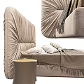 Modern Double Bed With Pleated Beige Headboard Bedside Table And Pillows Blanket 3d model
