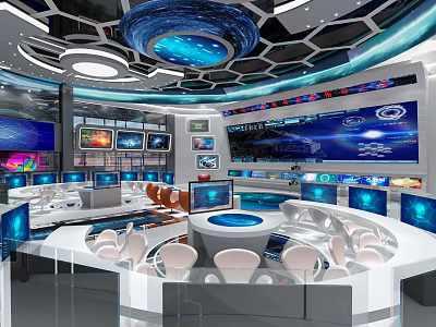 Modern Control Room with Multiple Monitors Blue Displays Control Desks and Ergonomic Chairs 3d model