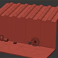 Old Shed Exterior With Corrugated Iron Roof Yellowish Walls Red Patches Wooden Door And Old Wheel