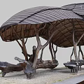 Natural Wooden Pavilion With Curved Tree like Pillars And Stone Bench Seats On Gravel Ground