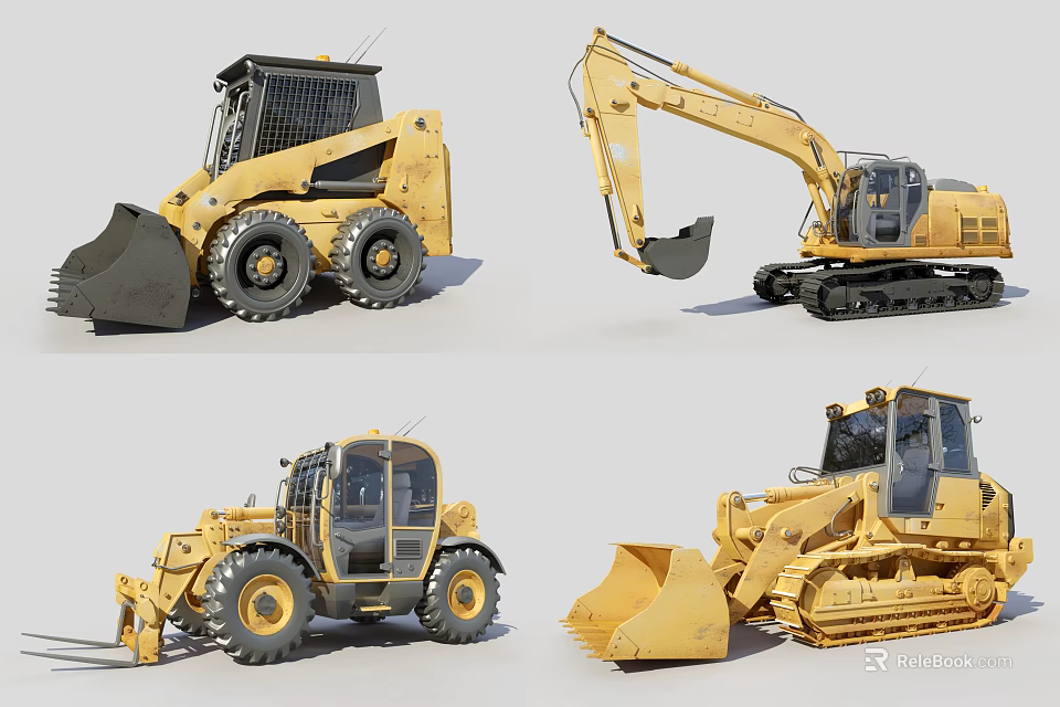 Yellow Heavy Duty Utility Vehicles with Various Functional Attachments Tracks and Wheels 3d model 