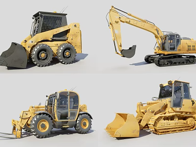 Yellow Heavy Duty Utility Vehicles with Various Functional Attachments Tracks and Wheels 3d model