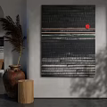 Abstract Black Wall Art With Horizontal Lines Red Circle Accent For Modern Interior Decor 3d model