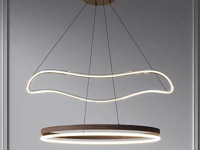 Modern Wavy Chandelier With Wooden Frame And Illuminated Curved Rings For Interior Design 3d model