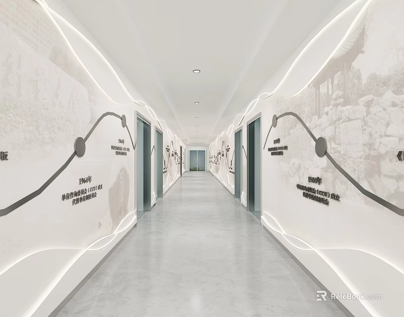 Modern Office Corridor Design With Wall Decorations Lines Text And Smooth Flooring 3d model
