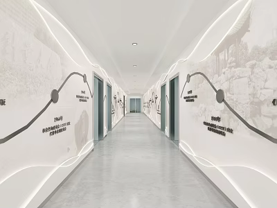 Modern Office Corridor Design With Wall Decorations Lines Text And Smooth Flooring 3d model