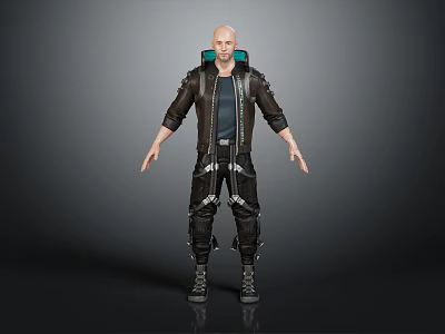 Sci Fi Bald Male Character With Black Leather Jacket Mechanical Pants And Backpack 3d model