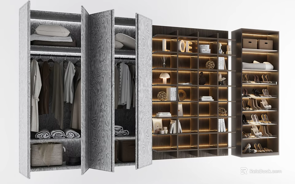 Modern Open Wardrobe Interior With Hanging Clothes Folded Items Shoe Storage And Lighting Design 3d model 