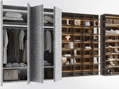 Modern Open Wardrobe Interior With Hanging Clothes Folded Items Shoe Storage And Lighting Design 3d model