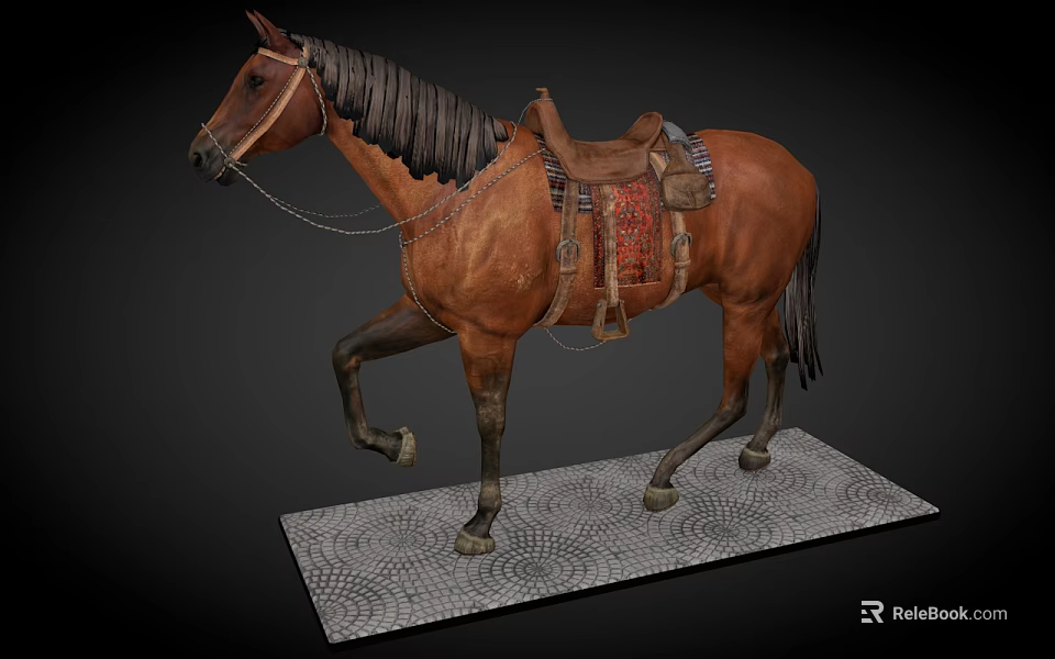 Detailed Brown Horse Figure with Saddle Reins and Decorative Base in Motion Pose 3d model 