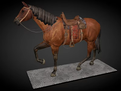 Detailed Brown Horse Figure with Saddle Reins and Decorative Base in Motion Pose 3d model
